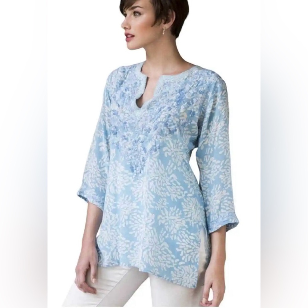 Amaya Textiles Astrid Blue Silk V-Neck Three Quarter
Sleeve Tunic Shirt Sz M